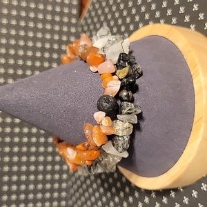 Tourmalated Quartz & Red Agate w Lava stone chipped gemstone stretch bracelet
